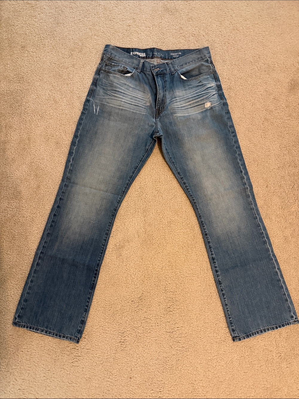 Express Men’s Blue Straight Jeans with Faded Detailing